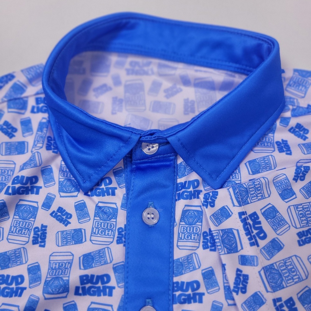 Bud Light Polo Mens Small Blue Performance Shirt Sleeve All Over Print Shirt